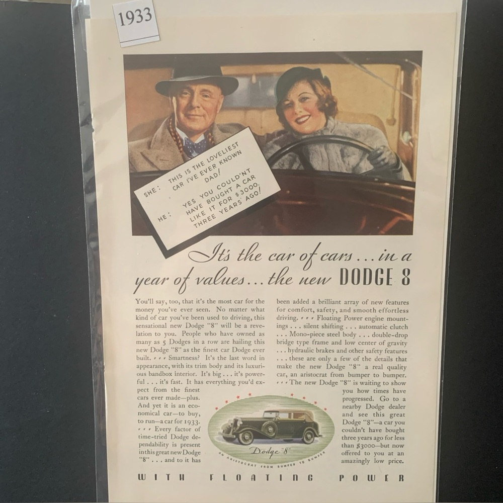 Vintage 1933 Dodge The New Dodge 8 With Floating Power Ad Advertisement